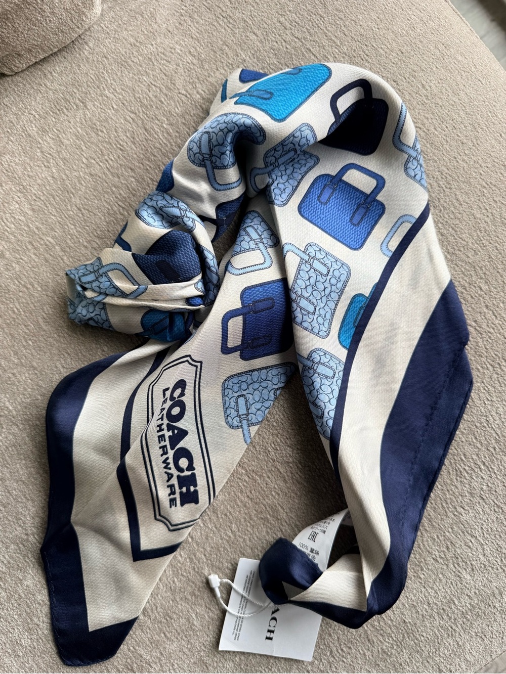 Coach Blue & Cream Signature Silk Scarf NWT